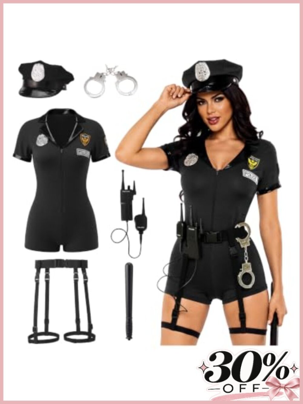 Women's Police Costume Set with Romper, Hat, Baton, Handcuffs